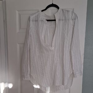 LOFT White Blouse with Thin Gray Stripes